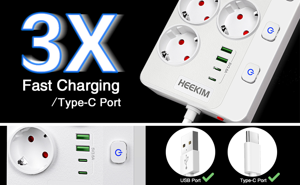 Многорозетка HEEKIM з USB, 11 розеток (2 USB-A, 2 USB-C), 4000W, 16A, з індивідуальним вимикачем, 2м кабель, для дому, школи, офісу