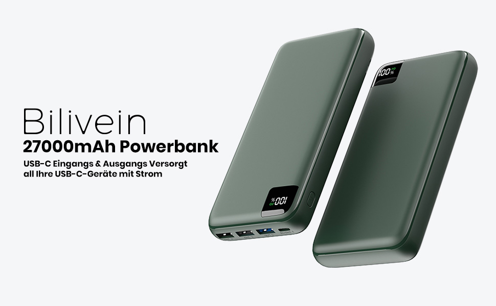 Power Bank Bilivein 27000mAh з LED дисплеєм: швидка зарядка 22,5W, PD/QC, USB-C, для телефонів та планшетів (зелений)
