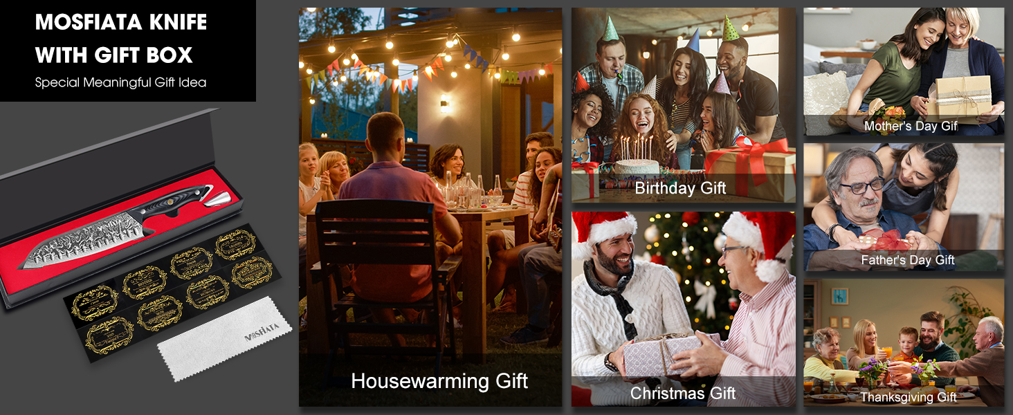Ніж кухарський MOSFiATA Damast 8 дюймів - Японський ніж з дамаської сталі, з чохлом, захистом для пальців та подарунковою упаковкою