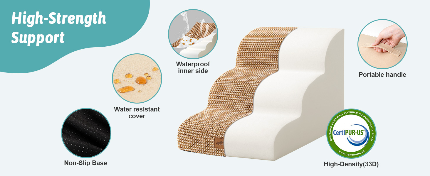 Сходинки для собак маленьких порід 50 см, для ліжка, з високощільним губчатим наповнювачем, 4 сходинки, знімний та миючий чохол, неслизьке покриття, 40x72x50 см, світло-коричневий колір