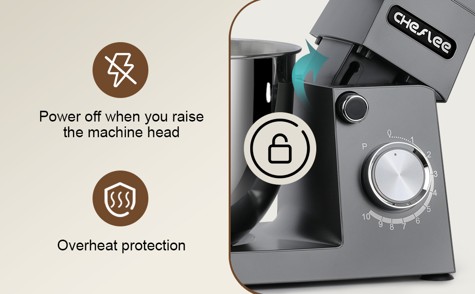 Кухонна машина Cheflee 1500W з місткими чашами 4.5 та 5.5л з нержавіючої сталі, 10+ швидкостей, набір насадок (міксер, гак для тіста, вінчик, захист від бризок) (Darkgrey)