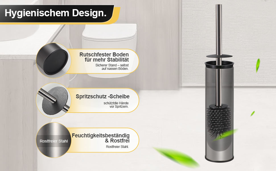 Підлогова щітка для унітазу Dazi металева сіра з 2 щітками для глибокого очищення та захистом від бризок та засмічення