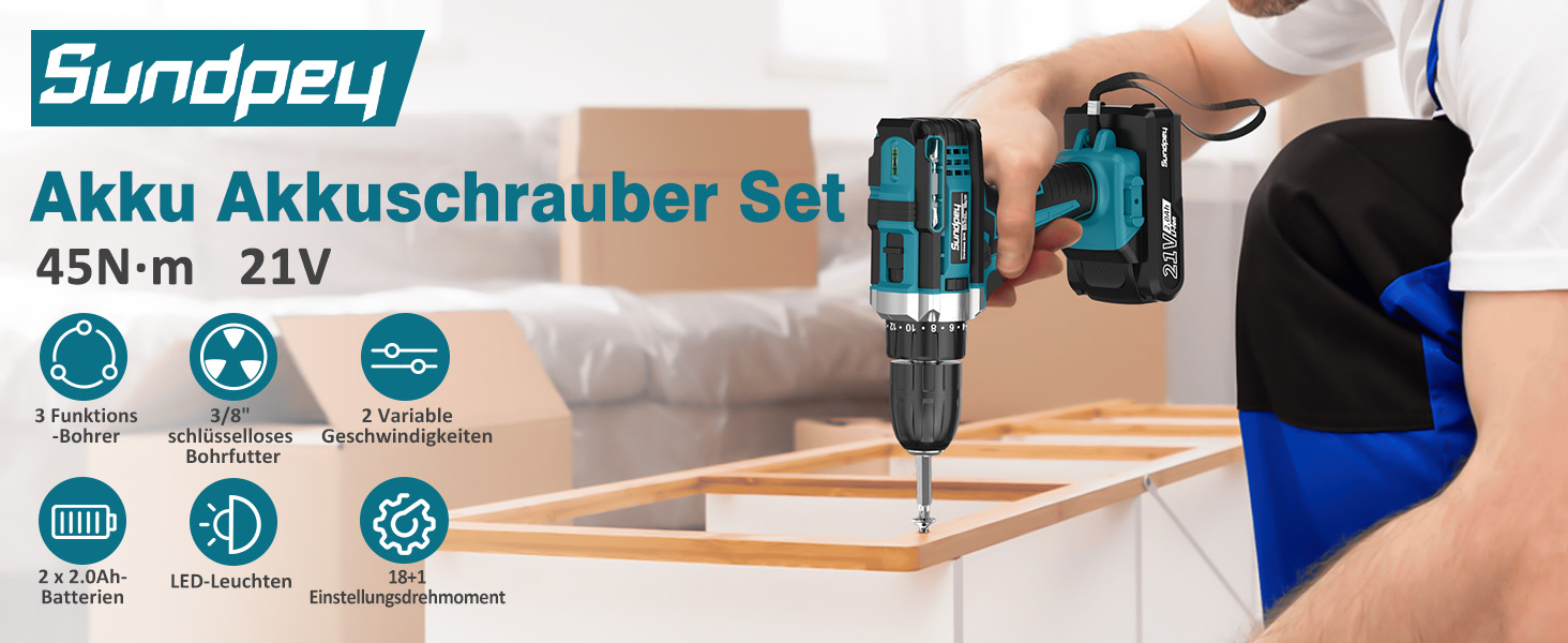 Акумуляторний шуруповерт Sundpey Set з 2 акумуляторами 2.0Ah, 21V, 1500 об/хв, 45Nm, 18+1 режим, LED-підсвічування, для ремонту та DIY