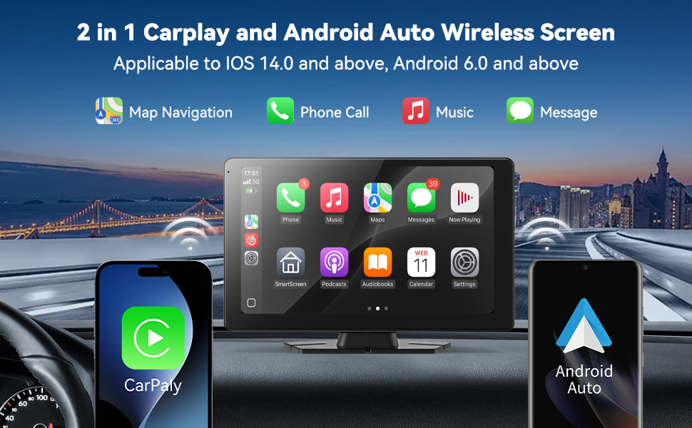 9-дюймовий CarPlay дисплей з сенсорним екраном, бездротовий Android Auto, GPS, Bluetooth, AUX/FM для авто