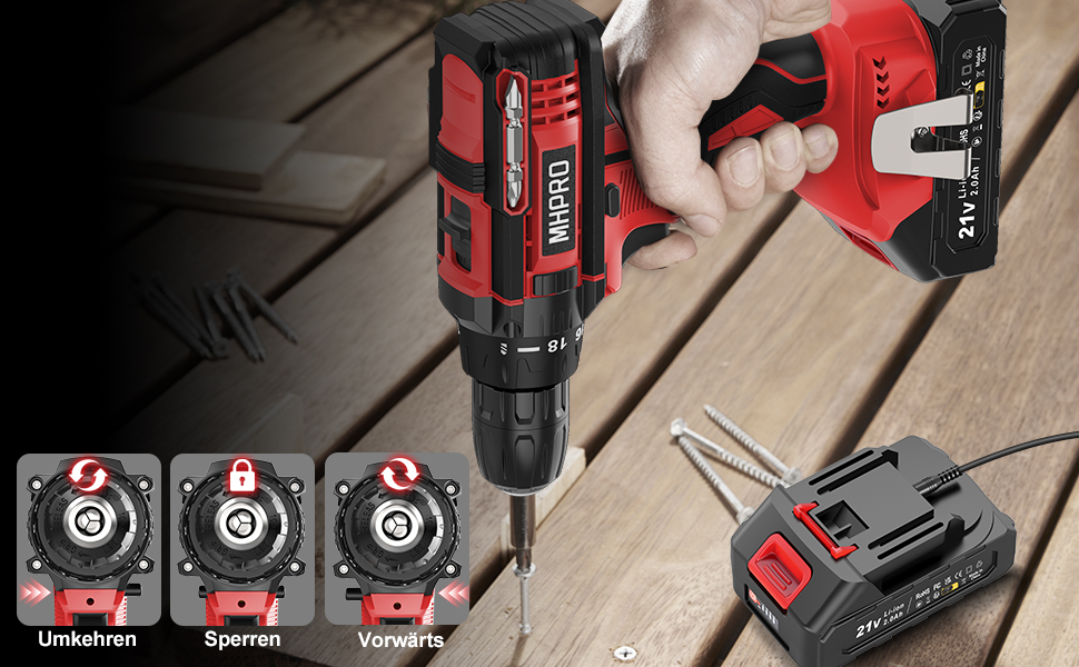 Акумуляторний шуруповерт 21V з набором 2 акумуляторів та 14 аксесуарів, кейс, 42Nm, 18+1 режимів, 10мм патрон, для дому