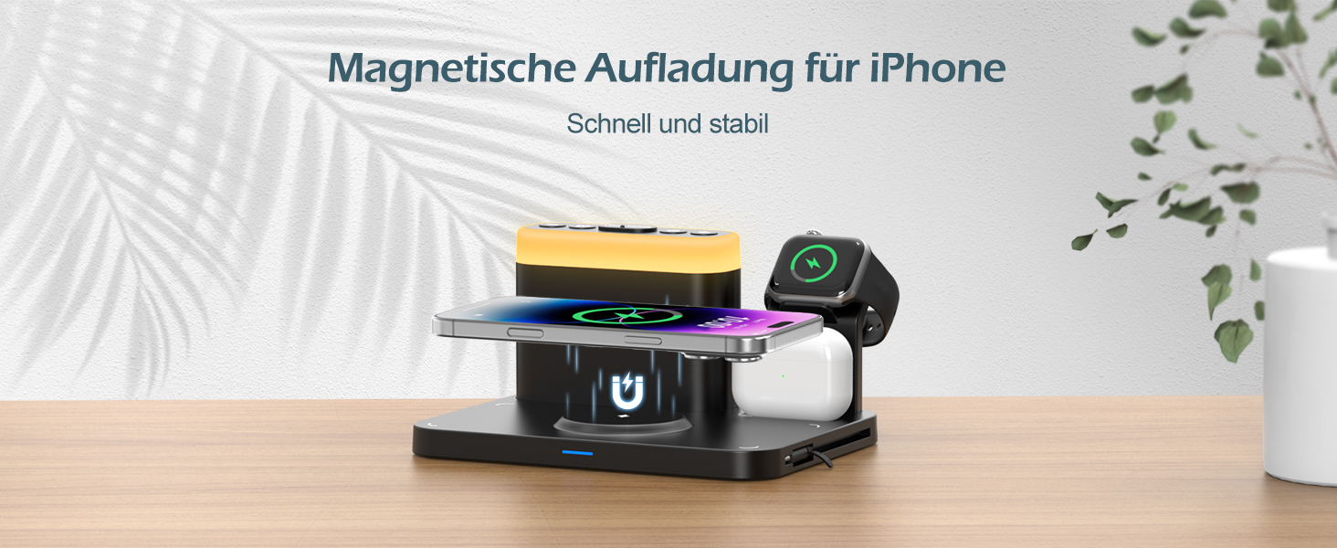 Бездрокова зарядна станція ANJANK 3-в-1 з будильником, 7 нічників та Mag-Safe для iPhone 17/16/15/14/13/12 Pro Max Plus, Apple Watch 11/10/9/8, AirPods