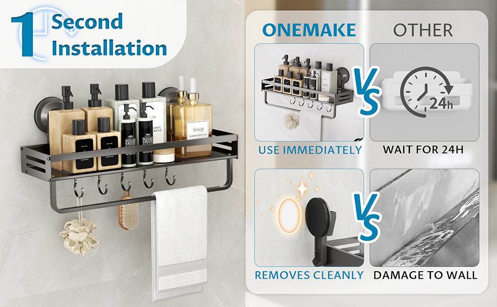 Настінна поличка для душу Onemake з присосками, 2 шт., 40 см, чорна матова