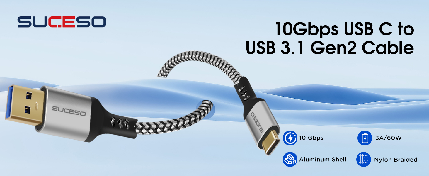 Кабель USB-C на USB 3.1 Gen2, 0.5м, швидка зарядка 3A/60W, 10Gbps, сумісний з iPhone 15, Galaxy S24, Redmi, Pixel 8, PS5 SSD
