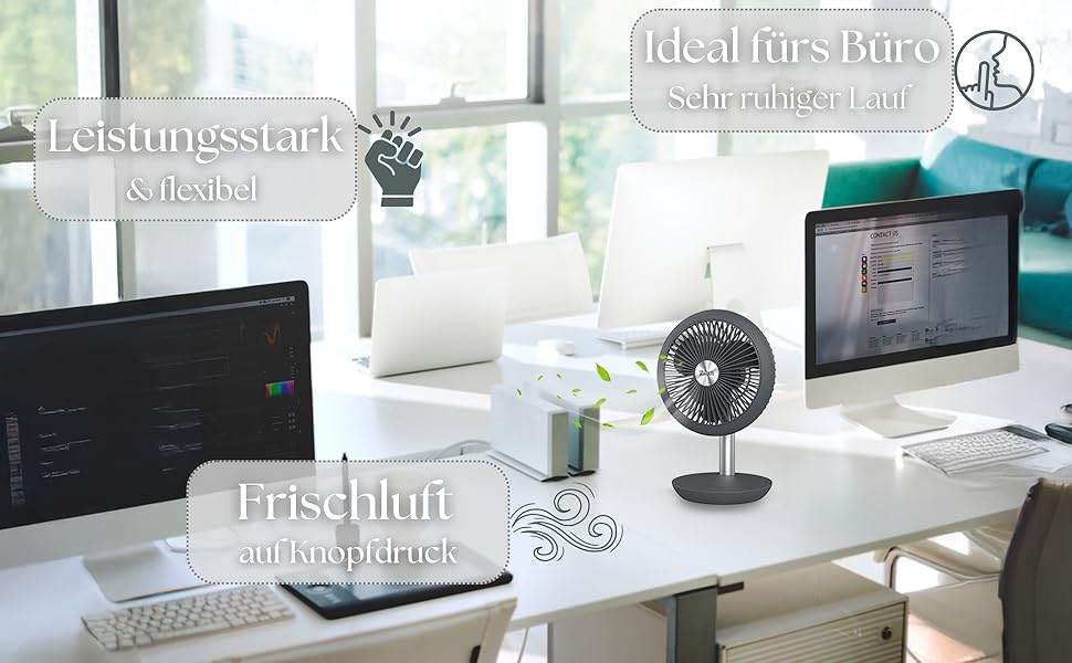 Безшумний настільний вентилятор Zilan | Акумулятор 4000 mAh | Регульований кут 90° | 4 швидкості | 15 годин роботи без дроту | Allegra Anthrazit