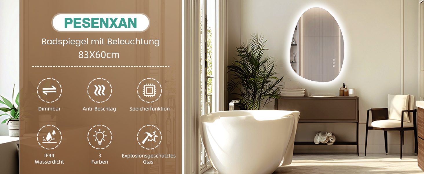 Дзеркало з підсвічуванням Asymmetrischer LED, 75x55 см, з сенсорним вимикачем, проти запотівання, 3 кольори світла, регулювання яскравості, пам'ять, чорний (горизонтальне/вертикальне), без рамки