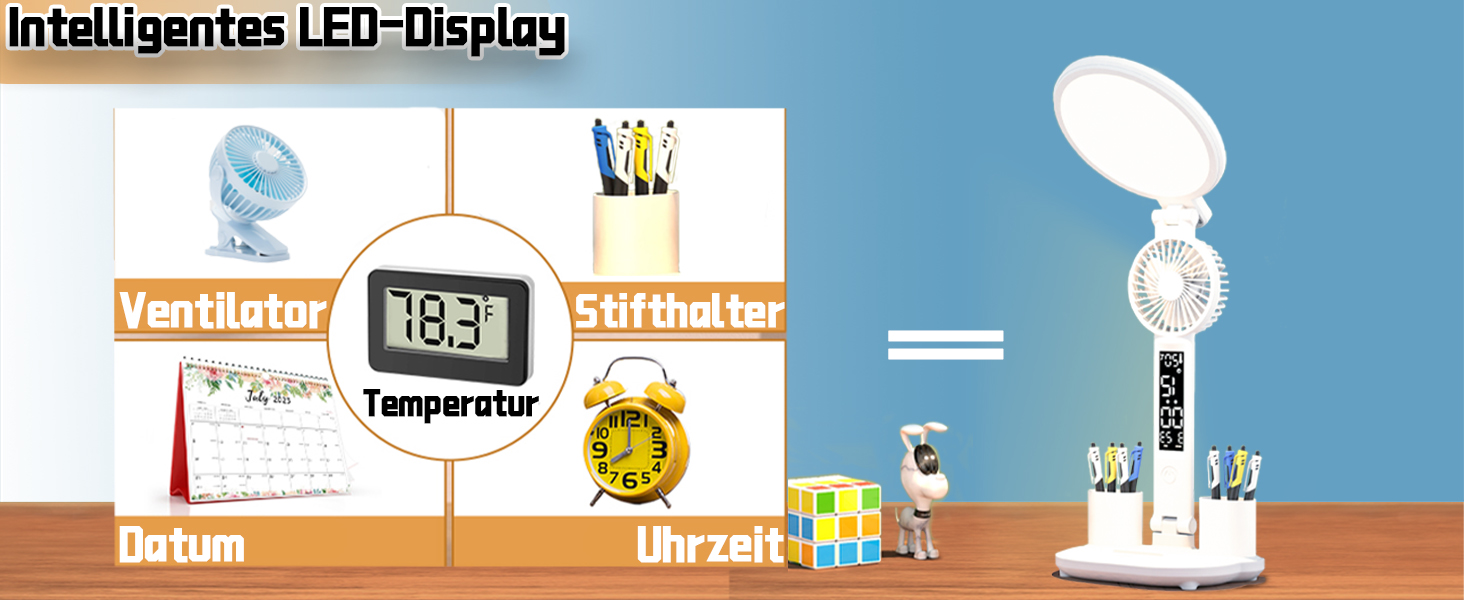 LED-лампа настільна з вентилятором для дітей WLHONG з годинником, тримачем для ручок, календарем та датчиком температури, 3 режими температури кольору, кругла