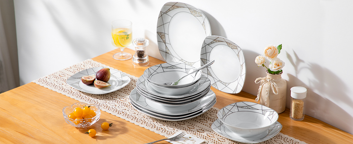 VEWEET Сервіз столовий 'Serena' з порцеляни, 24 елементи | 6 тарілок для сніданку, десерту, їжі та супу | Сервіз для 6 осіб, ресторану, сім'ї, білий