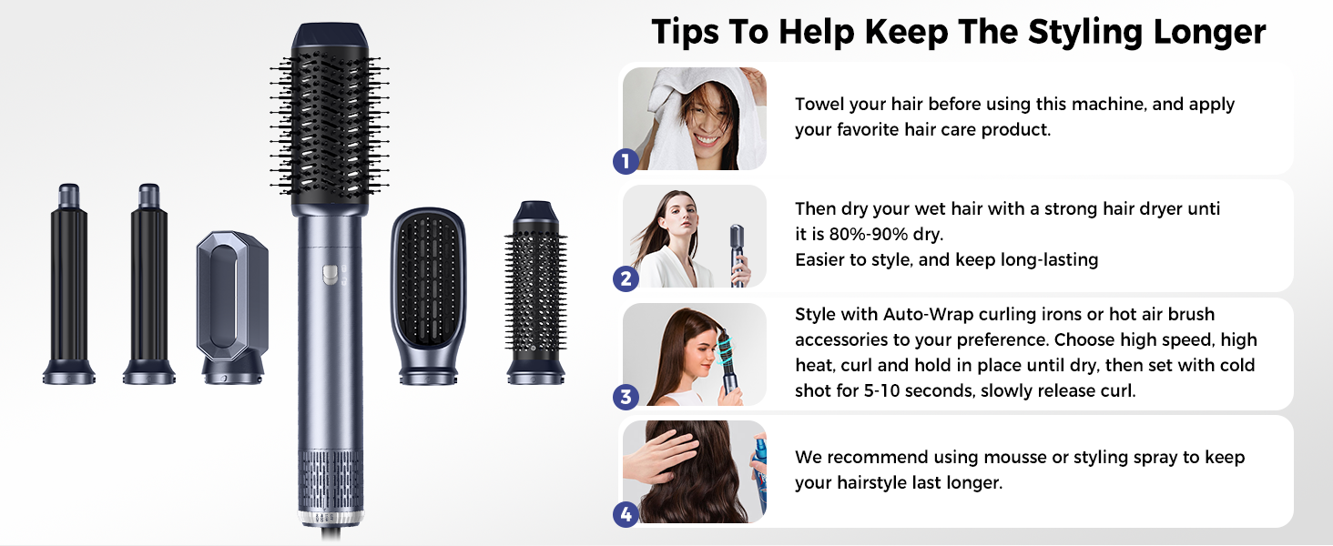 OKWRAP Haarstyler 5-в-1: Airbrush, фен, локони, випрямляч. Набір для волосся з LCD-дисплеєм (блакитний)