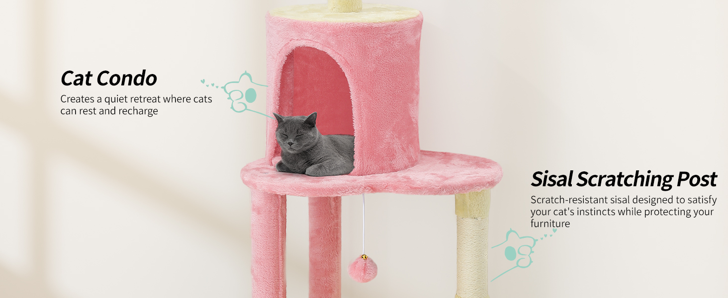 Кігтеточка YITAHOME XXL для котів, 142 см, рожева. З 8 стовпчиків сизалю, 3 платформ, 2 ховалок, гамаком, іграшками та дощечкою для шліфування кігтів.
