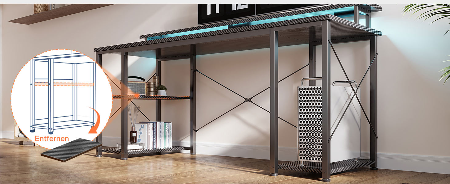 Ігровий стіл Coleshome з LED-підсвічуванням 120x50 см, з 2 розетками та 2 USB-портами, стіл для комп'ютера з підставкою для монітора та місцем для зберігання, для дому та офісу, чорний