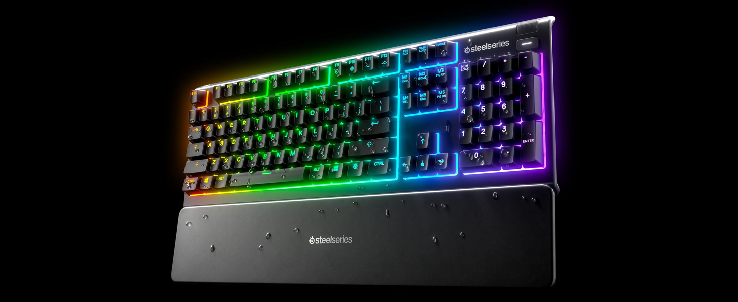 Клавіатура SteelSeries Apex 3 для ігор - RGB підсвічування 10 зон, магнітна підставка для зап'ястя, QWERTY (Nordic), чорний колір