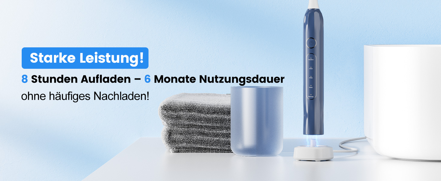 Електрична зубна щітка зі звуковою технологією, 5 режимів, таймер 30s, відбілює зуби за 2 тижні, 8 змінних насадок, IPX7, блакитна