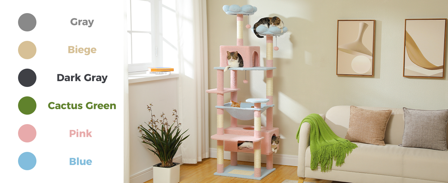 PAWZ Road Дряпка для котів великих порід, 184 см, з гамаком, 7 стовпчиків для дряпання, велика полиця, кошик, синій