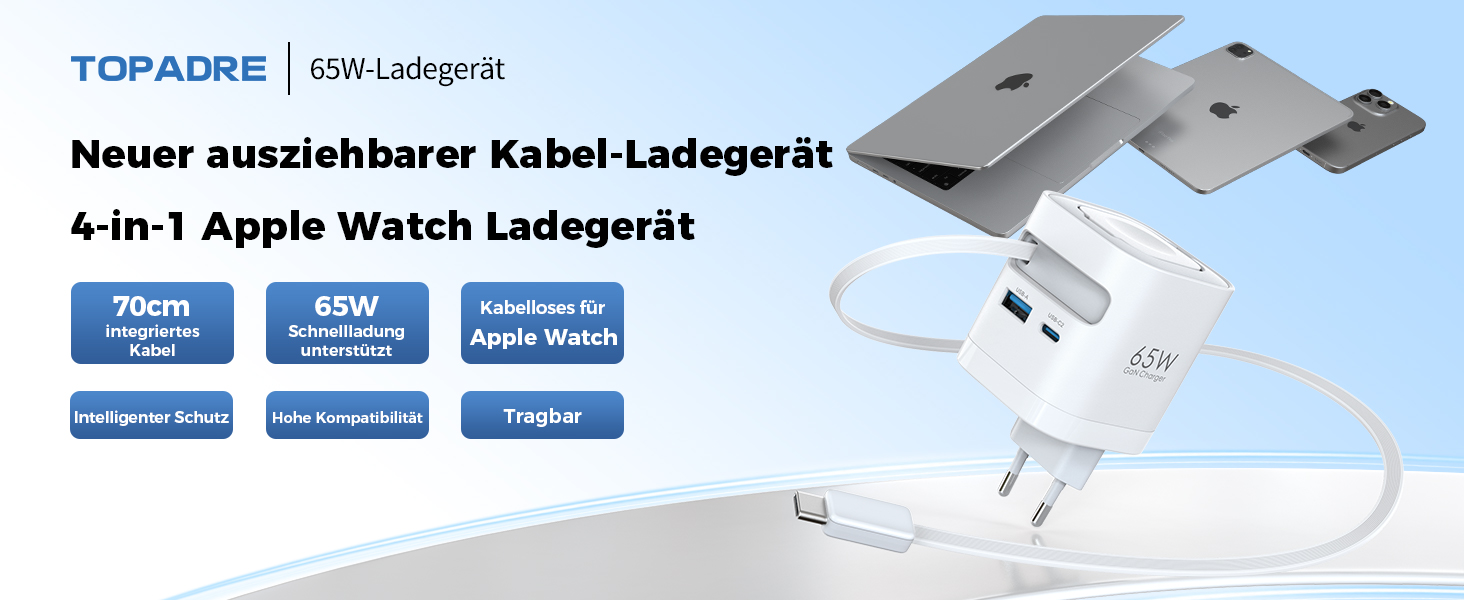 Зарядний пристрій 65W USB-C GaN з кабелями для Apple Watch, iPhone, iPad, MacBook, Samsung Galaxy - білий