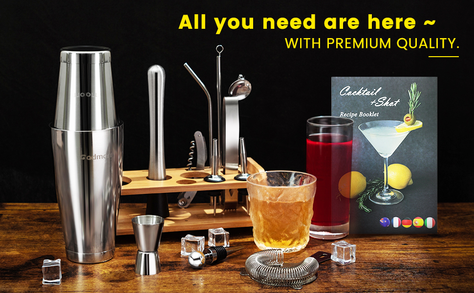 Набір для коктейлів Boston Cocktail Shaker Set 16 предметів з нержавіючої сталі, професійний, 600/450 мл, з аксесуарами, бамбуковий підставник, подарунковий набір
