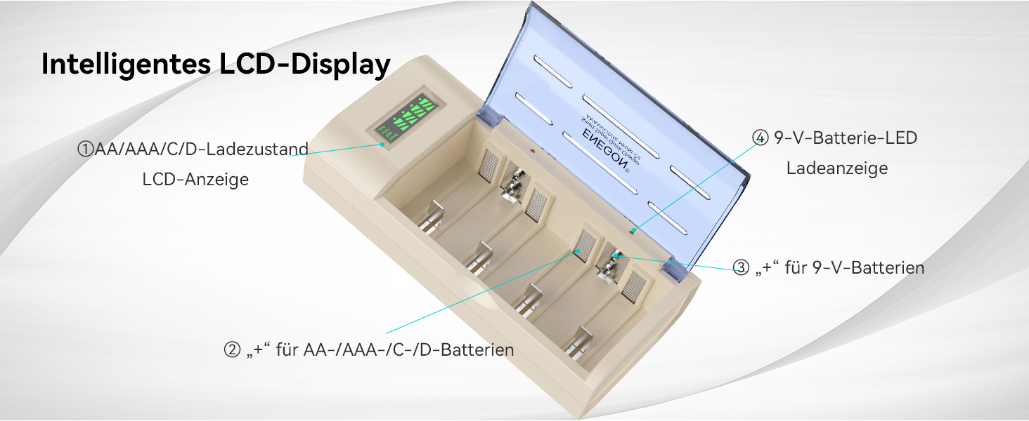 Зарядний пристрій ENEGON Universal для акумуляторів AA/AAA/C/D/9V Ni-MH/Ni-CD з LCD дисплеєм та 4 слотами