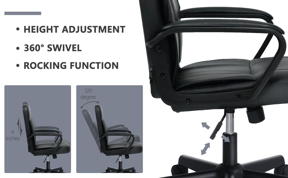 Офісне крісло MIXASTEP з PU-шкіри, поворотне, регульована висота, міцні підлокітники, 360° колеса, для роботи, навчання, ігор (Чорний)
