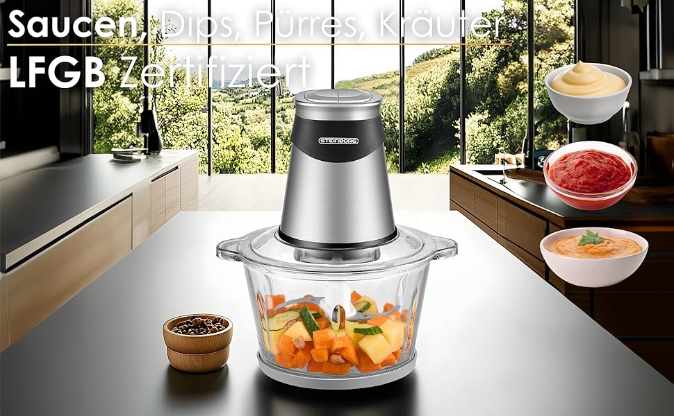 Електричний подрібнювач Multizerkleinerer Blitzhacker 500W 1,8L: універсальний кухонний комбайн для приготування дитячого харчування, горіхів, овочів, фруктів та м'яса. Скляна чаша.