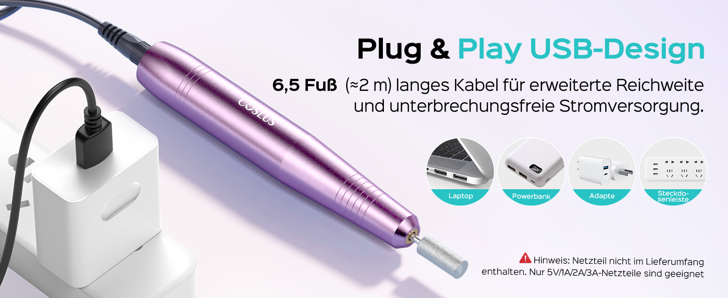 Електричний фрезер для нігтів Coslus: 20000 об/хв, регулювання швидкості та напрямку, манікюр та педикюр, набір для шліфування гелю та акрилу (фіолетовий)