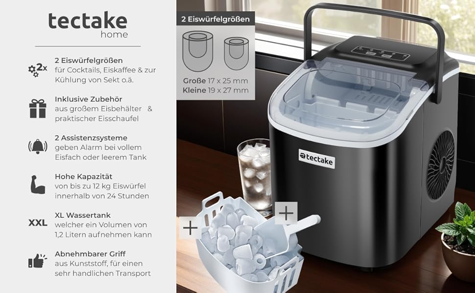 Машина для приготування льоду tectake® - швидке та зручне приготування льоду для дому та бару, чорний колір, 1,2 л, 12 кг/24 год, 2 розміри кубиків льоду, самоочищення, з лопаткою