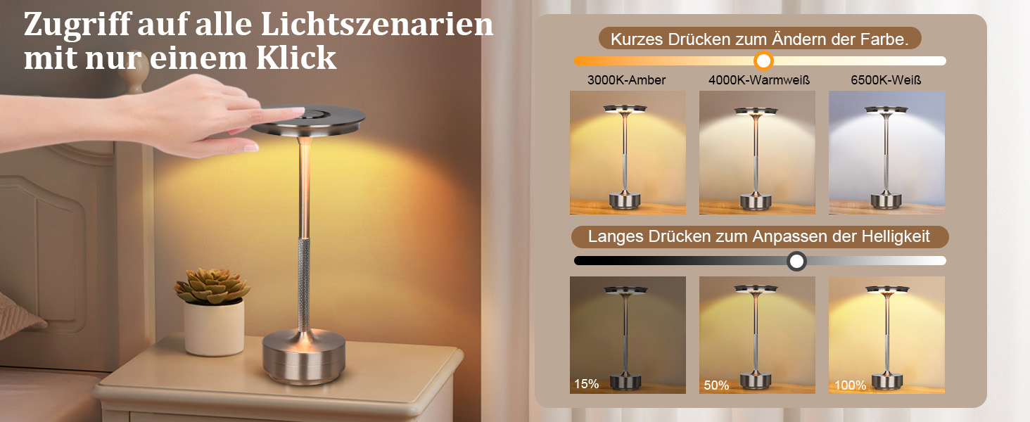 Бездротова LED лампа Rosnek: регульоване освітлення, 3 колірні температури, USB-C, срібло