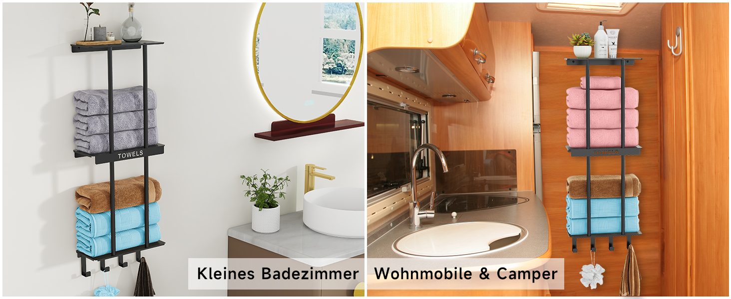 Чорний триярусний тримач для рушників з металевою полицею та 4 гачками, 86 см