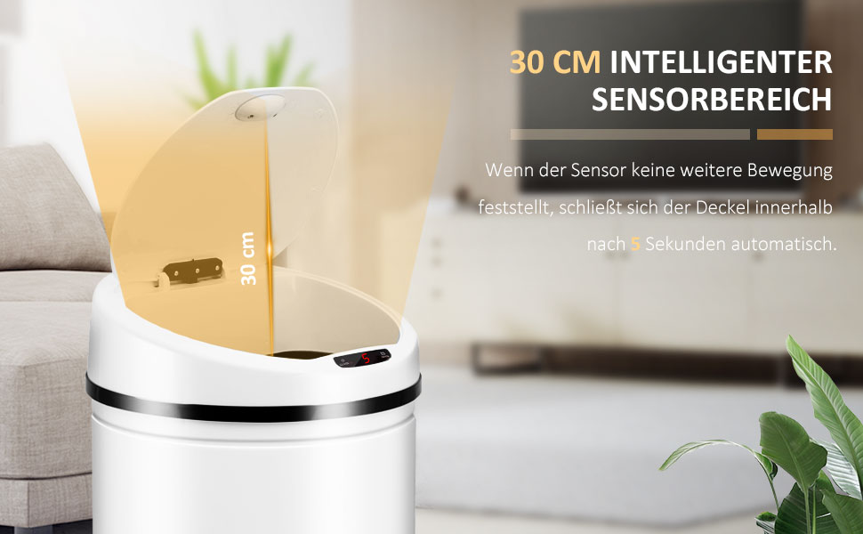 Сміттєве відро Ribelli з датчиком - автоматичне відкривання/закривання, Klemmring для пакетів, знімний кришка, LED-індикатор (30 л, білий/оптимальний для саду)