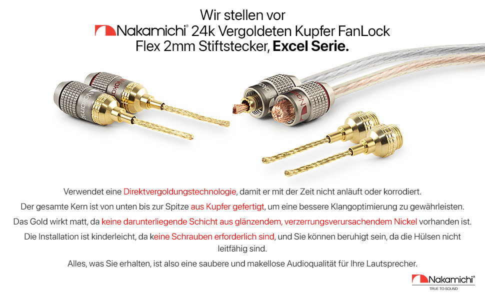 Nakamichi FanLock Excel Serie 24K позолочені бананові штекери 2 мм, 10-18 AWG, 4 мм, для акустичних систем, Hi-Fi аудіокабелів (16 шт - 8 пар)