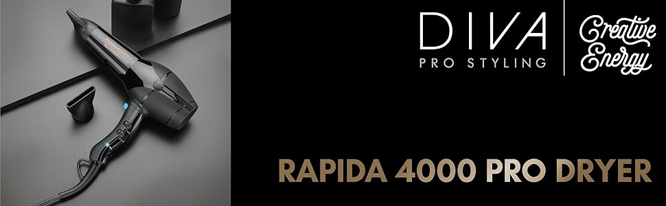Фен Diva Styling Rapida 4000 Pro - Професійний чорний фен з AC-мотором, 4 режими нагріву та 2 швидкості, Cool Shot