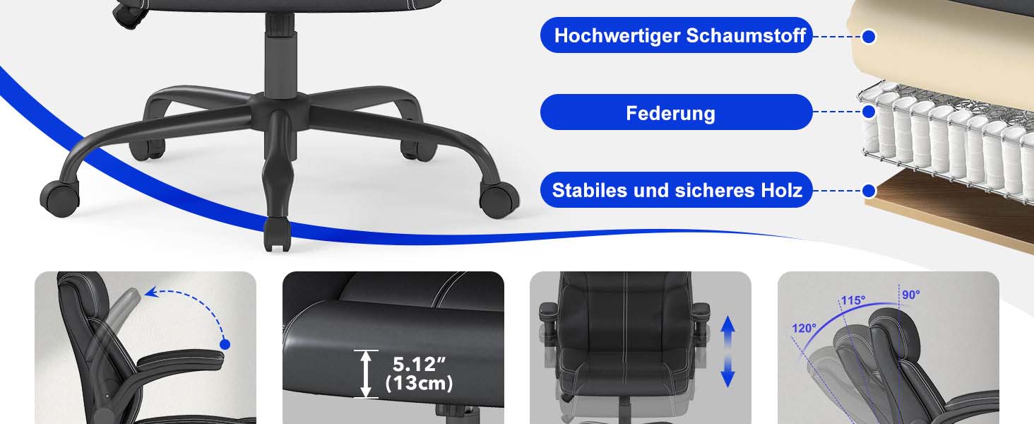 Офісний крісло AnyGod з шкіри, регульовані підлокітники, поворотне, для дому та офісу, до 136 кг, чорне