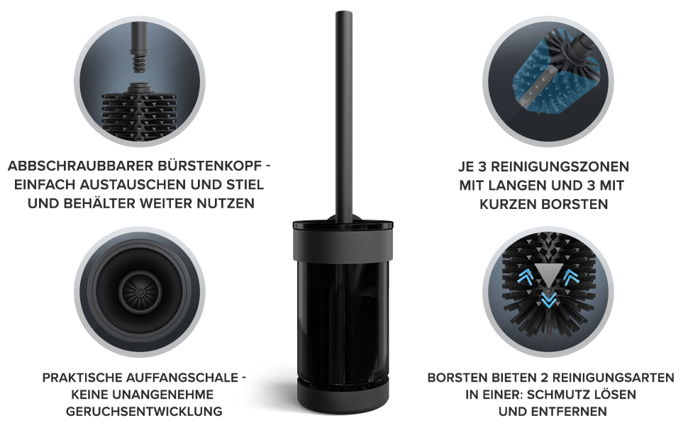 Настінна щітка для унітазу Oviar Finnkona | Чорна | Зі змінним насадком | З вентиляцією | З нержавіючої сталі з порошковим покриттям