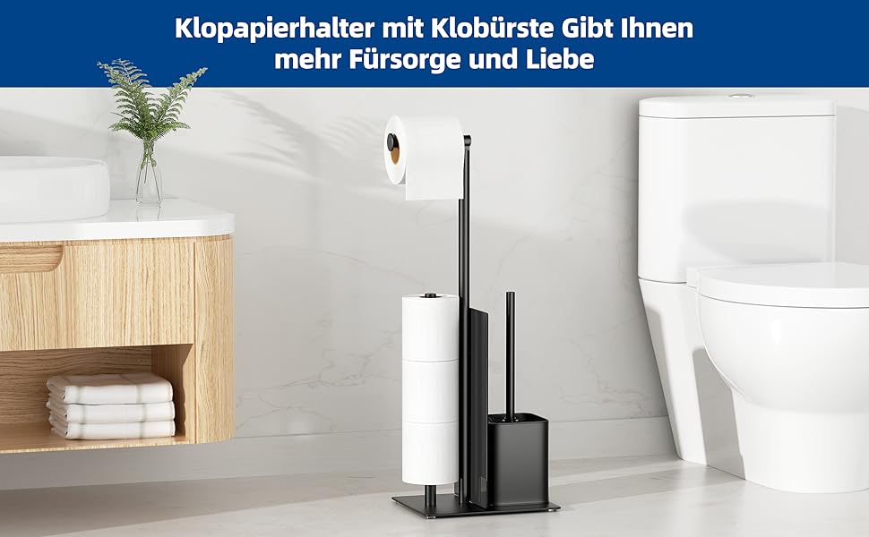 Stainless Steel Toilet Paper Holder with Brush - Standing Toilet Paper Roll Holder & WC Brush Set with Glass Shelf (Matte Black)