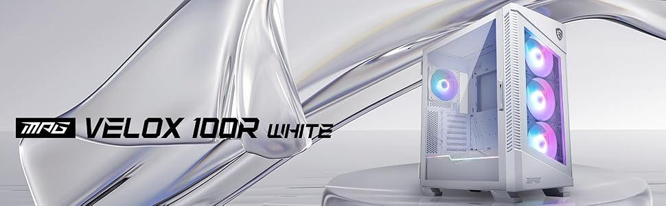 Корпус ПК MSI MPG Velox 100R White Mid-Tower для E-ATX, з загартованим склом, Airflow, Mystic Light, 2x 360mm кулер