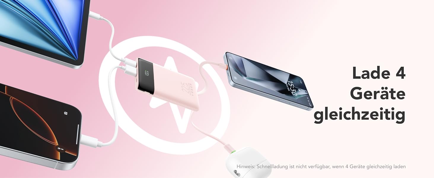 Повербанк VEGER 10000mAh 22.5W з вбудованим кабелем USB-C, рожевий