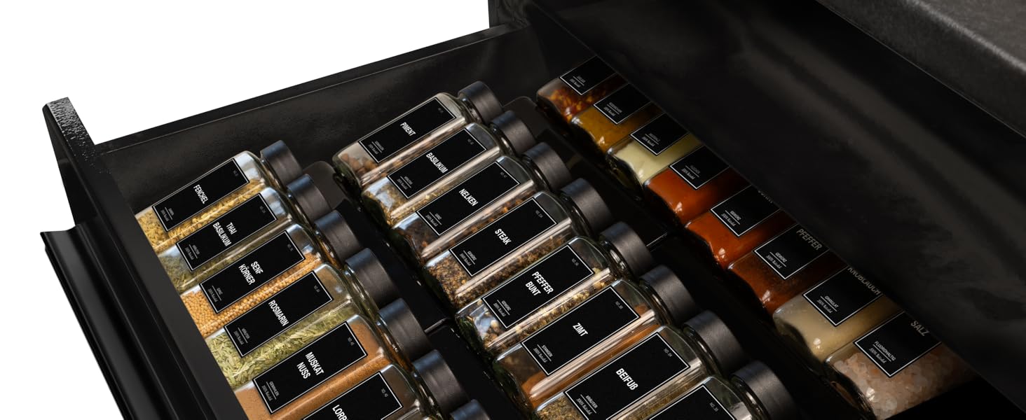 Spice Jars with Rack [24 x 120ml] including 300 Spice Labels [DE] - Spice Rack with Jars - Spice Organizer Drawer - Spice Rack Drawer with Jars Spice Rack System Black