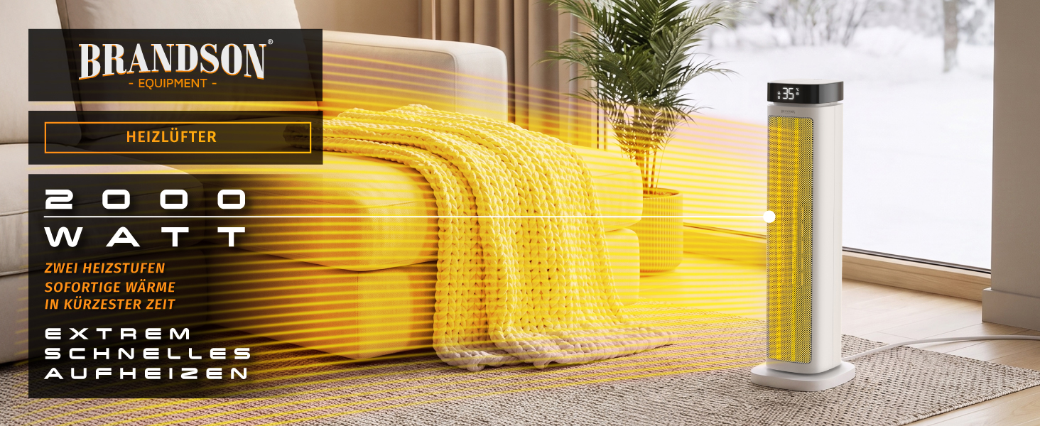 Керамічний обігрівач Brandson ECO Design 2000 Вт з дистанційним керуванням, функцією осциляції та ECO-режимом для спальні та ванної кімнати