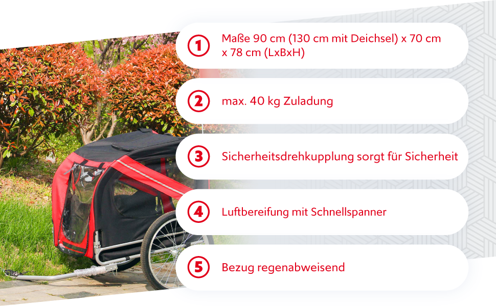 Причіп для собак Wiltec 220x700x78 см з безпечною муфтою, причіп для вантажів з москітною сіткою та захистом від дощу, чорний/червоний