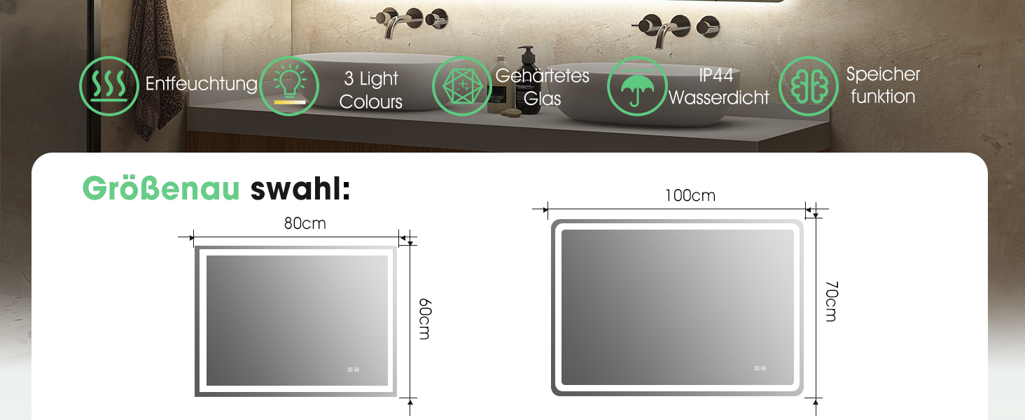 Дзеркало для ванної кімнати S'bagno з підсвічуванням 100x70 см, LED, з полицею, антизапар, 3 колірні температури, регулювання яскравості, HD скло, IP44, горизонтальне/вертикальне встановлення, M55 (без Bluetooth)