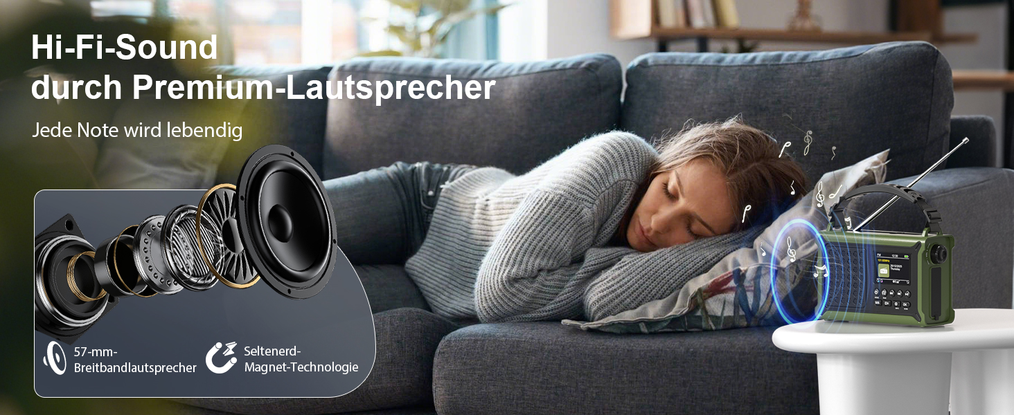 Радіоприймач Kurbelradio з DAB/DAB+/UKW, акумулятор 12000mAh, сонячна панель 8500mm², ручний генератор, Bluetooth 5.0, ліхтарик та світло для читання, для відпочинку на природі, кемпінгу, зелений