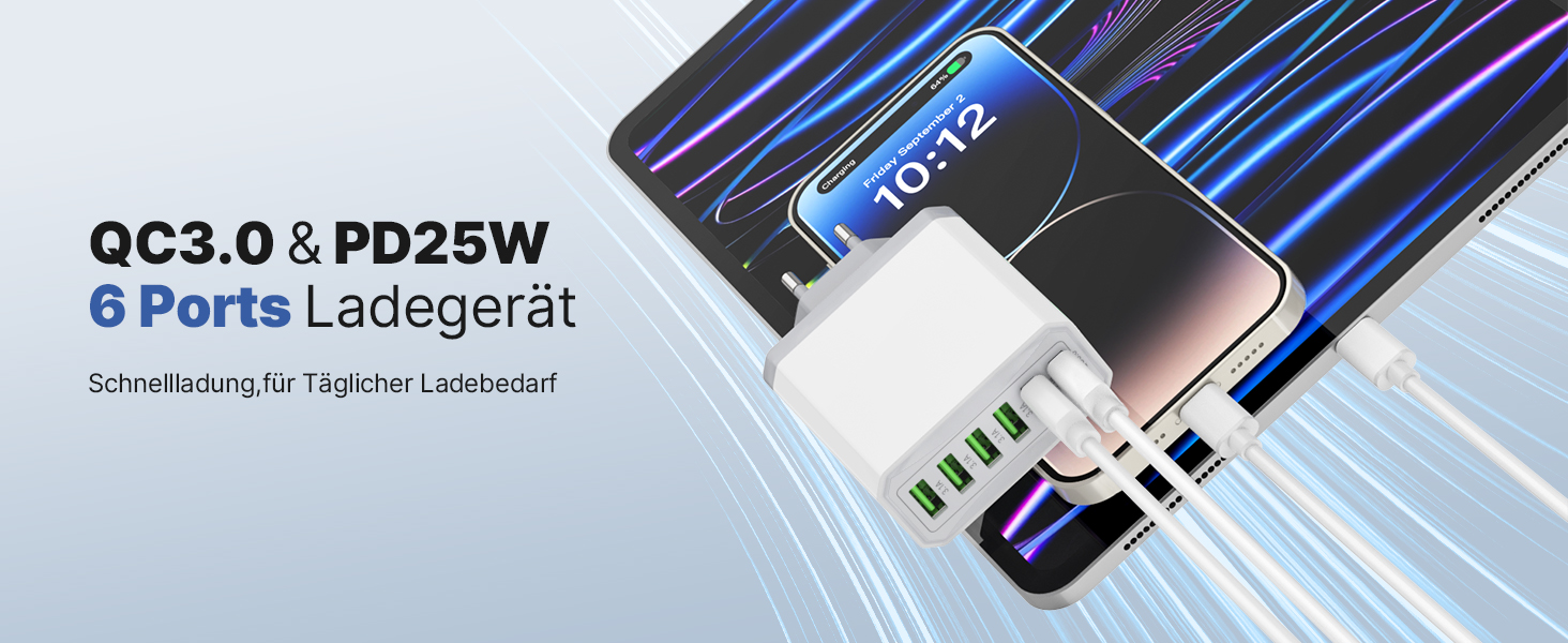 Зарядний пристрій USB 6-портовий, 33W, адаптер з QC 3.0, зарядний пристрій з декількома USB, мережевий адаптер для iPhone 16 15 14 13 12 11 Pro Max, iPad, смартфонів, білий