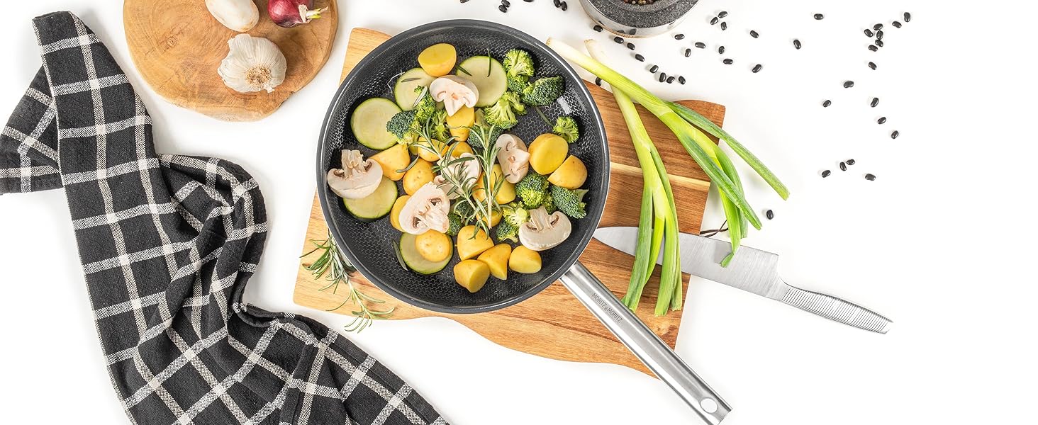 Сковорода Moritz & Moritz антипригарна 28 см індукційна з керамічним покриттям та стільниковою структурою. Нержавіюча сталь, високі борти, для всіх плит (газ, електро, індукція). Без кришки, діаметр 28 см