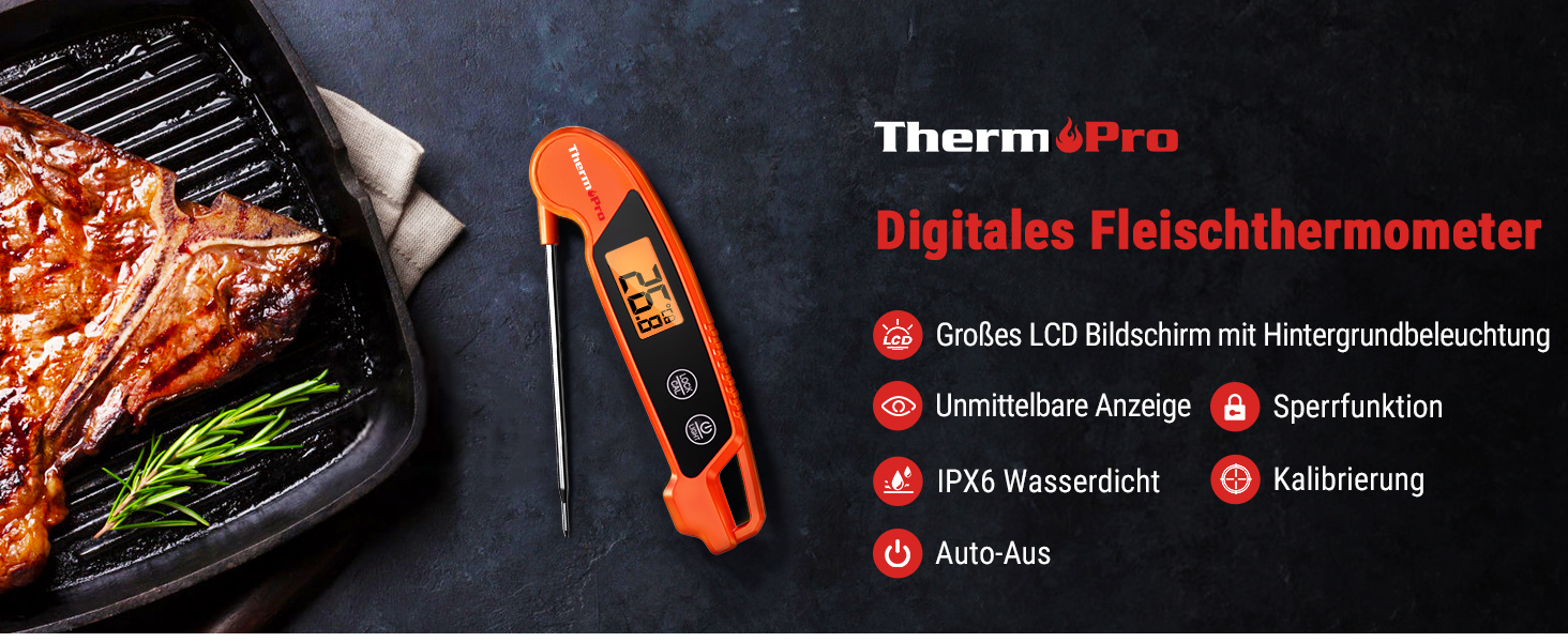 Термометр для м'яса ThermoPro TP03H: точний термометр-шпажка для гриля та приготування їжі, IPX6, великий дисплей, оранжевий