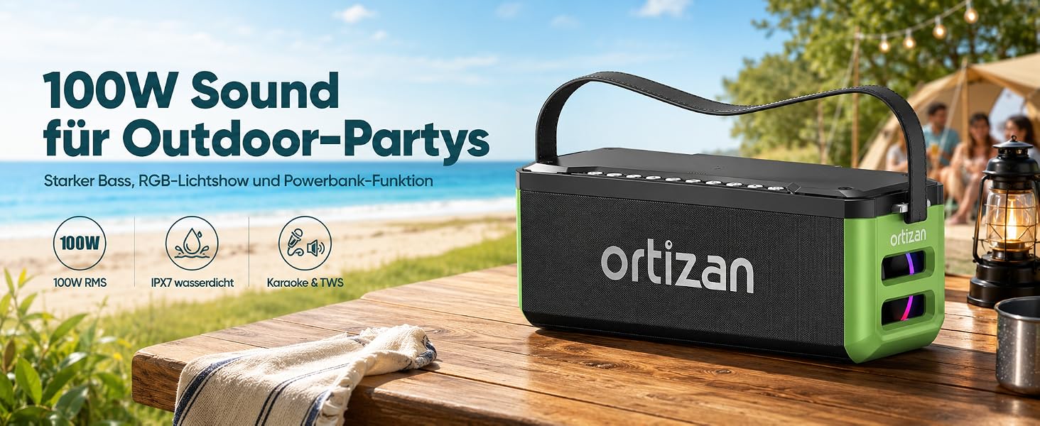Ortizan Bluetooth колонка портативна 80 Вт, IPX7 водонепроникна, LED підсвітка, 12 год. роботи, Powerbank, стерео-з'єднання, зелено-чорна