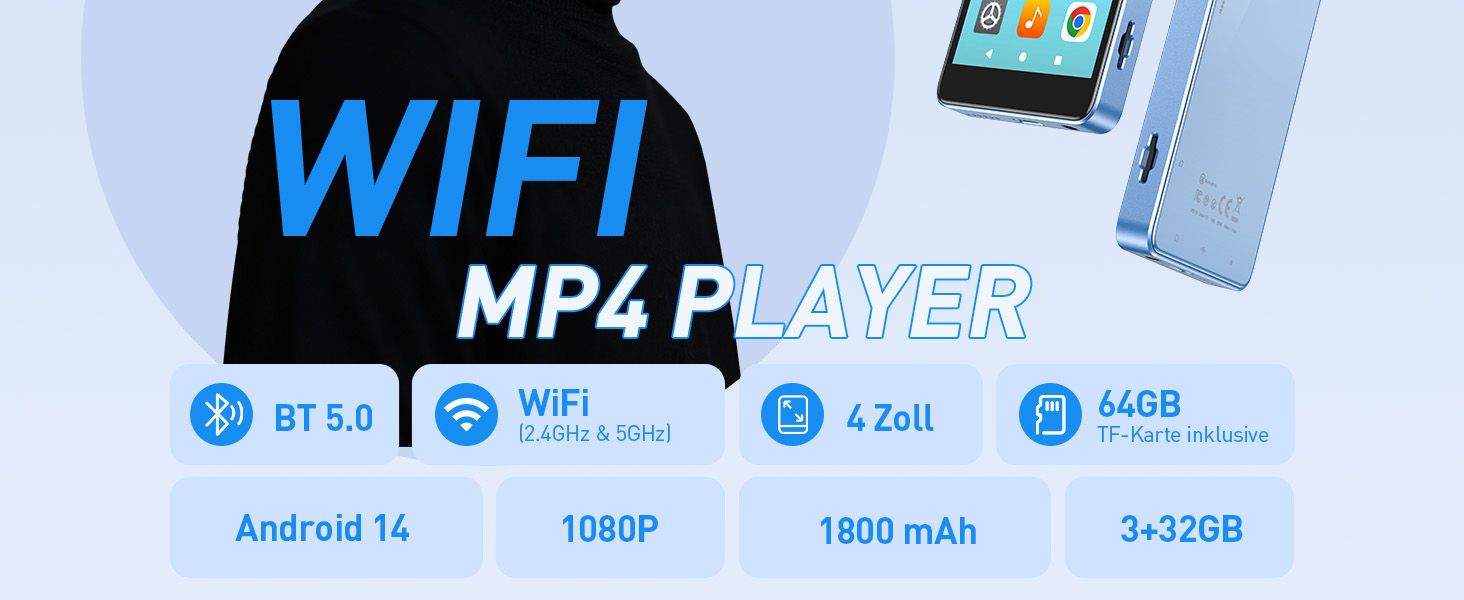 MP3 плеєр AGPTEK 96GB Bluetooth Wi-Fi Android 14, 4