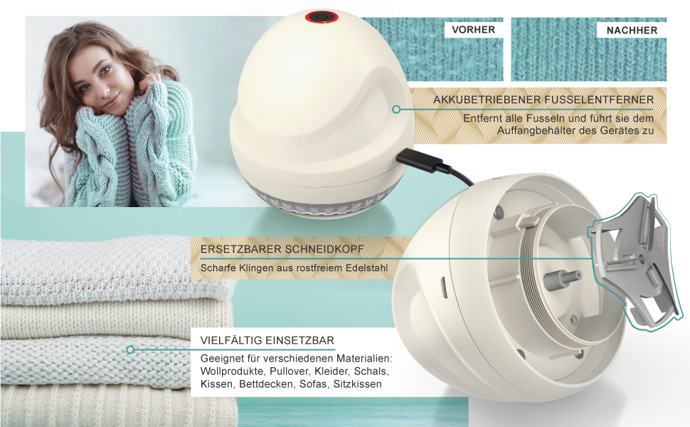 MyBeo - Електричний видалення ворсу з одягу - бездротовий прилад для видалення ворсу з тканини з USB-кабелем для зарядки - для всіх видів одягу - видаляє ковтунці - 2 змінні леза - акумуляторний (Колір: Бежевий)